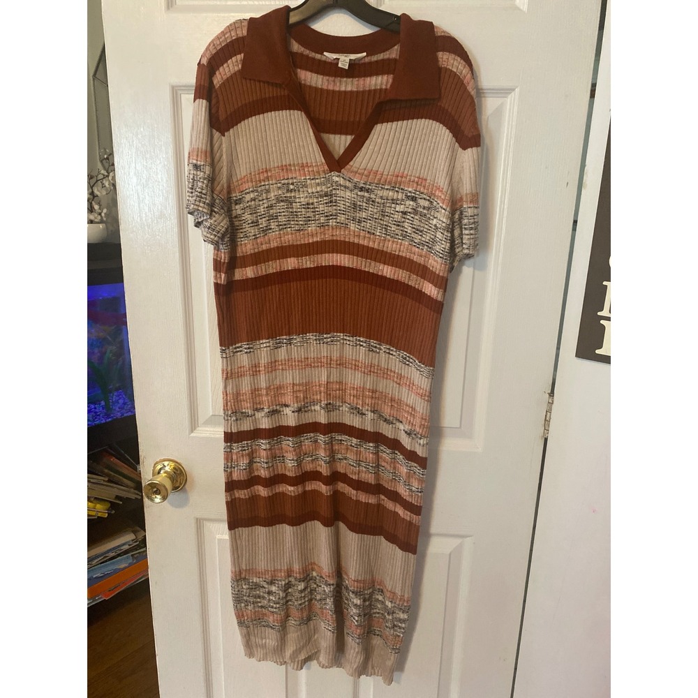 Terra & Sky Womens 2X Striped Ribbed Knit Polo Midi Sweater Dress Rust Pink Tan